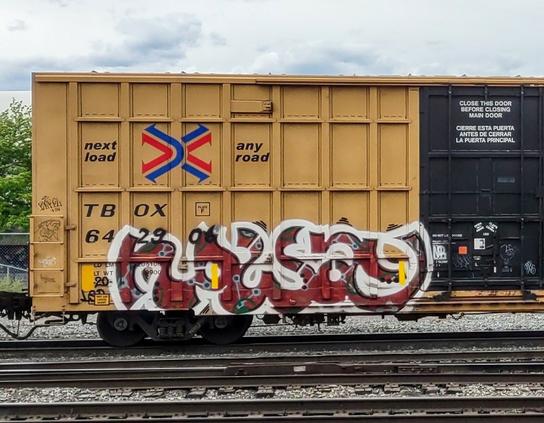 Train car with graffiti rolling through Kamloops BC Canada