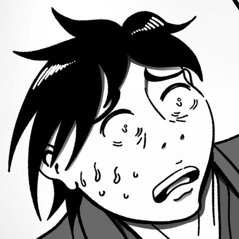 A man with black hair is looking upwards and is sweating in fear.