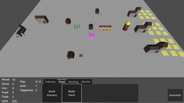 Screenshot of game made in Godot.
A grey plane, with various brown buildings. On the right, the farms have yellow fields.
In the centre, a small light brown manor house, with a purple ("Material not Found") stockpile