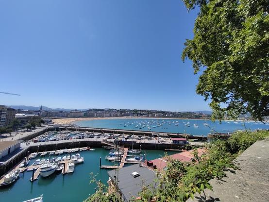 A blue sky, with a thin sand beach in front of a harbour. A green tree to the right side.