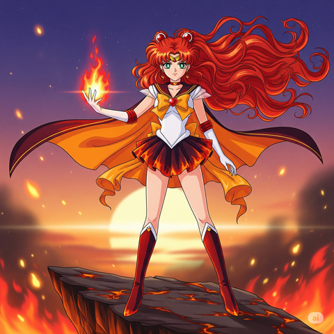 "Original character. Retro cel-shaded magical girl. Born from fire. Styled like a lost 90s anime — remastered in 4K Blu-ray clarity."