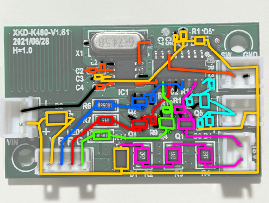 A PCB with nets overlaid in a number of bright, garish, colours.