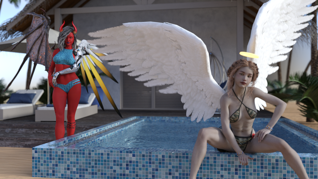 Angel and Demon women hang around the beach hut.