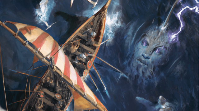 Official D&D artwork, featuring a sailing ship on the ocean as the massive face of a sea god floats below it.