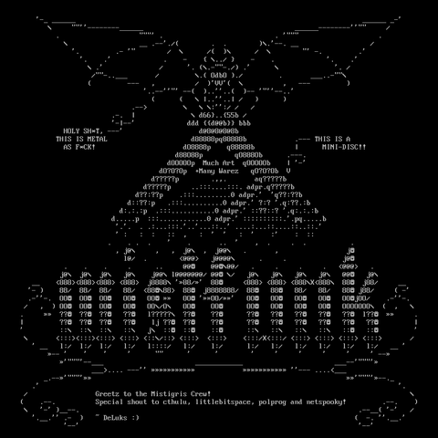 A winged, horned demon perches, gargoyle-like, atop the corner of an angled mini-disc, above a gothic mistfunk logo drawn entirely in text characters.  (All of it is drawn in these characters, not just the logo.)