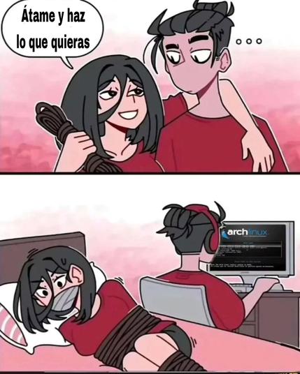 Una mujer le dice a su pareja que la ate y haga lo que quiera. En lugar de algo romántico o sexual, el hombre la ata... y se pone a instalar Arch Linux en su PC, ignorándola completamente. Texto generado con IA