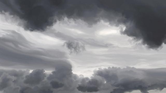 Digital painting of a grey sky, dark clouds with jagged edges framing a lighter, smoother background. Some long clouds are caught on some of the darker ones, akin to a floating flag.