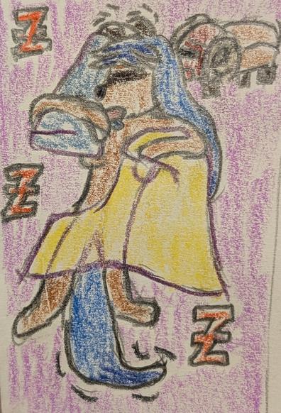 Color pencil drawing of Ikutan Lily, an anthro tanuki woman, sleeping messily. She has a pillow under one arm that she is resting her head on while drooling. Her blanket mostly covers her, but her feet and tail stick out of the bottom. She is snoring loudly. Mr. Scruffles, a bantha plushie from Star Wars, licks Lily's head.