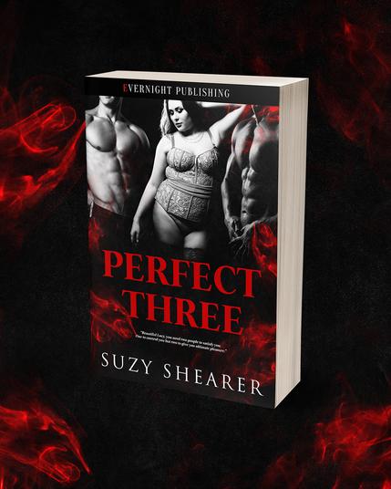 Book cover - Perfect Three by Suzy Shearer.
Title in red. Cover shows two bare-chested men either side of a plus-sized woman dressed in a corset.