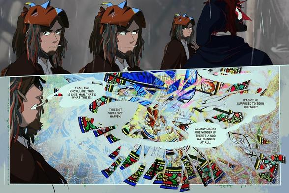 2 Panels.

Panel 1: Manel, cigar on his mouth, looks at Eurico. He looks away. Takes the cigar off as the two of them contemplate the missing altar.

Panel 2: Manel exhales smoke as he ponders. The visuals behind him include a mix of broken tiles and a shattered tinted glass figure.

Manel: Yeah, you know, like... This is shit, man. That&#039;s what this is. This shit shouldn&#039;t happen. Almost makes one wonder if there&#039;s a god watching us at all. Wasn&#039;t he supposed to be on OUR side?