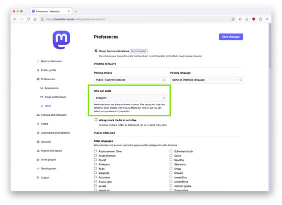 Screenshot from the updated Mastodon web interface, showing the Preferences page in the "Other" section. The page shows the new option to select "Who can quote" preferences from a drop-menu.