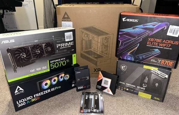 pc parts: 5070ti, amd ryzen 9, aorus elite, montech case, liquid cooling