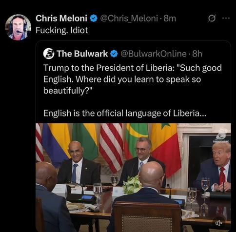 @BulwarkOnline :
"Trump to the President of Liberia: "Such good English. Where did you learn to speak so beautifully?" English is the official language of Liberia..."

@Chris_Meloni :
"Fucking. Idiot"