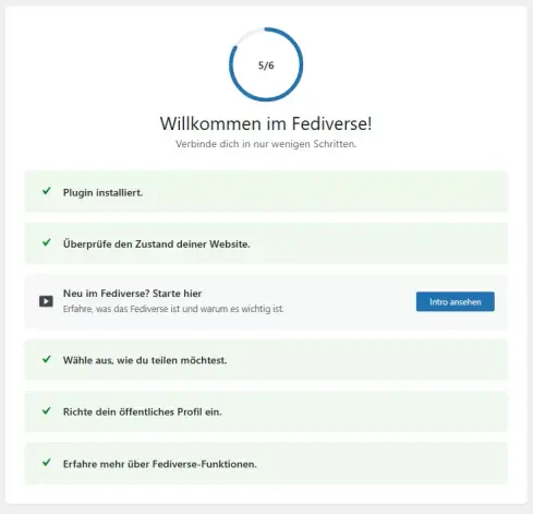 Screenshot der Willkommensseite mit verschiedenen Steps zum Einrichten des ActivityPub