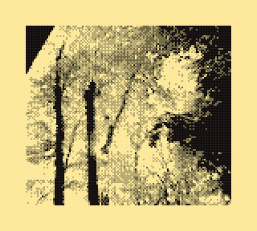 Photo looking up into a bunch of trees, dense leaves, highly pixelated