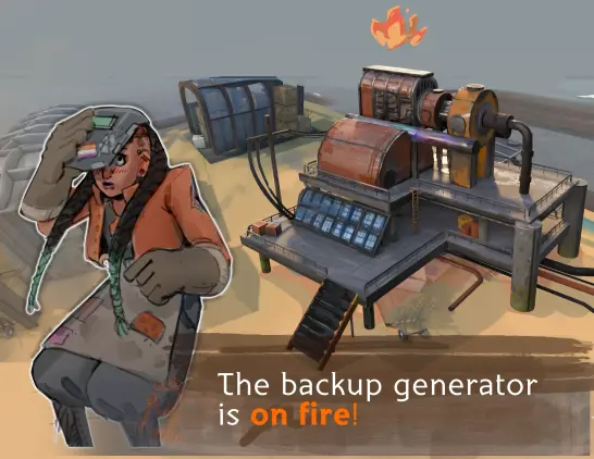 mockup screenshot showing a 2D hand drawn welder character with a red jacket announcing the backup generator on fire.
