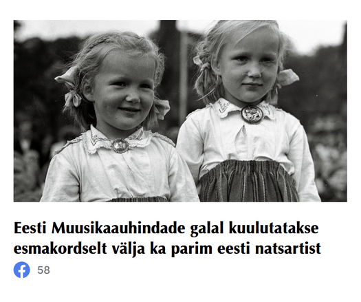 Mustvalgel fotol on kaks munukest triibuseelikus last.

Pealkiri: "Eesti Muusikaauhindade galal kuulutatakse esmakordselt välja ka parim eesti natsartist