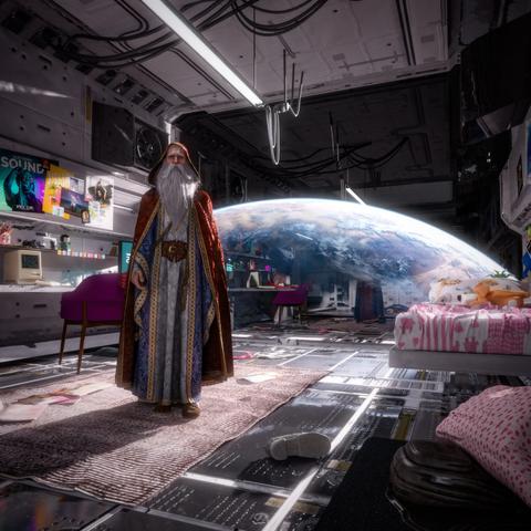 description by localLLM: A bearded wizard in ornate medieval robes stands in a surreal, futuristic space station. The wizard has long white hair and a flowing beard, wearing a blue and white robe with gold trim and a rich red cloak. His presence is mystical and out of place compared to the highly technological setting.

The room around him is filled with modern and futuristic objects: glowing screens, a makeup station, magazines, and posters—some of them featuring music and neon designs. There’s a bed with a pink blanket covered in hearts and plush toys, adding a youthful and cozy contrast to the cold, metallic environment.

The floor is made of transparent panels revealing circuitry below, and the ceiling is lined with exposed cables and lights. Most strikingly, outside the large observation window behind the wizard, Earth is visible in full view—massive, detailed, and beautiful, as if the station is orbiting the planet.

The image merges fantasy and science fiction: a classic wizard in a high-tech space habitat, surrounded by both magical and mundane artifacts of everyday life. The atmosphere is dreamlike, whimsical, and slightly humorous in its surreal juxtaposition.