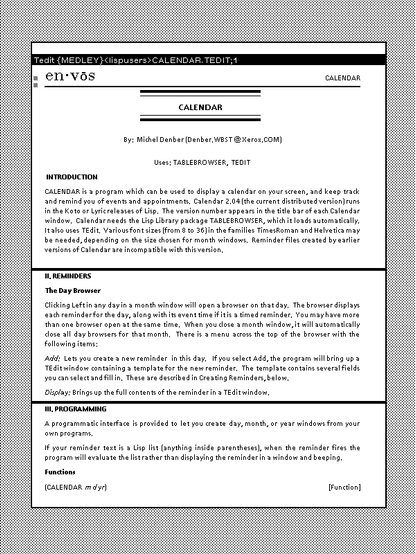 Screenshot of a portion of the black and white desktop of a 1980s graphical workstation environment. The desktop has a gray background pattern and one window with a white background and a title bar with white text on a black background. The window, oriented vertically, is a rich text editor with its area split into three horizontal panes that show different parts of a document.
