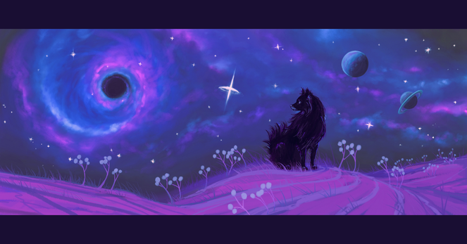 Illustration numérique d'un petit chien spitz noir assis sur une colline herbeuse aux teintes violettes et roses, sous un ciel nocturne étoilé. À gauche, une galaxie spirale violette avec un trou noir central, et à droite, deux planètes lointaines. L'ambiance est cosmique et onirique