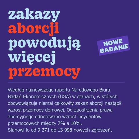 zakazy aborcji powodują więcej przemocy
NOWE BADANIE
Według najnowszego raportu Narodowego Biura Badań Ekonomicznych (USA) w stanach, w których oboowiązuje niemal całkowity zakaz aborcji nastąpił wzrost przemocy domowej. Od zaostrzenia prawa aborcyjnego odnotowano wzrost incydentów przemocowych między 7% a 10%.
Stanowi to od 9 271 do 13 998 nowych zgłoszeń.