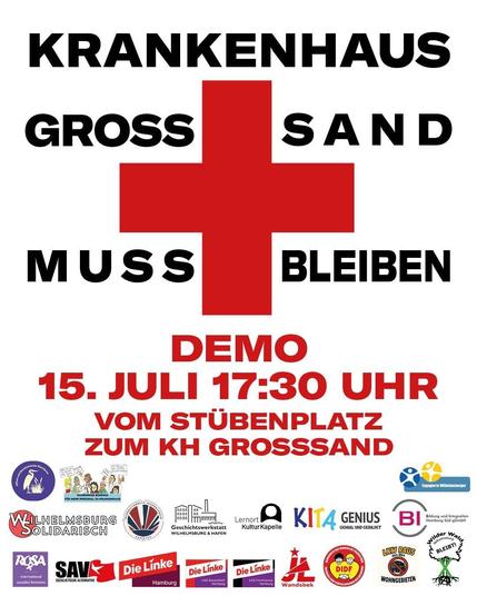 Krankenhaus Grosssand muss bleiben
Demo am 15. Juli um 17:30 Uhr vom Stübenplatz zum Krankenhaus Grosssand