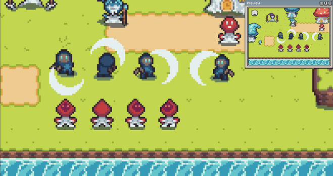 A pixel art scene of a character wearing blue clothes, slashing in four directions.
