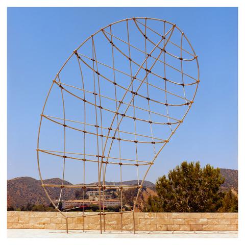 An oval metal sculpture that’s installed at the Getty Center’s entrance after riding the monorail up the hill.
