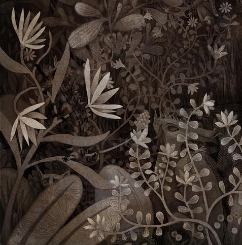 Graphite, colored pencil, watercolor washes and textures. In a limited palette of sienna, a highly textured image of a strange flowering place. Within its space, various beings sleep and dream in the foliage.
