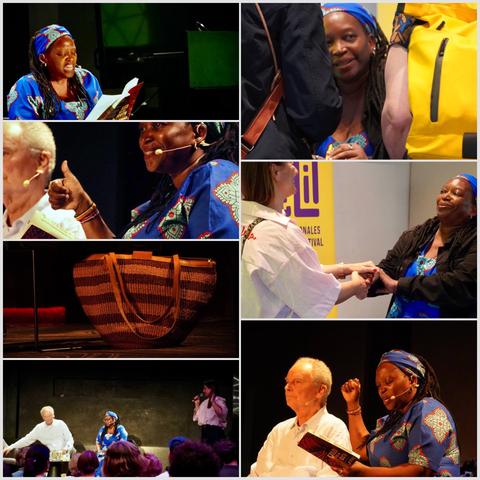 eine Collage aus sieben Bildern. Die Autorin beim Lesen aus einem ihrer Bücher wären sie kraftvoll gestikuliert. Ihre Tasche, gestreift, in zwei beigefarben. Die Autorin fotografiert zwischen zwei Personen, die sie anlächelt. Blick auf die Bühne mit der Autorin, ihre Moderator und der anmoderierenden Jagoda Marinić. 
sowie ein Bild bei dem Jagoda Marinic und die Autorin, sich die Hände reichen und miteinander verschränken