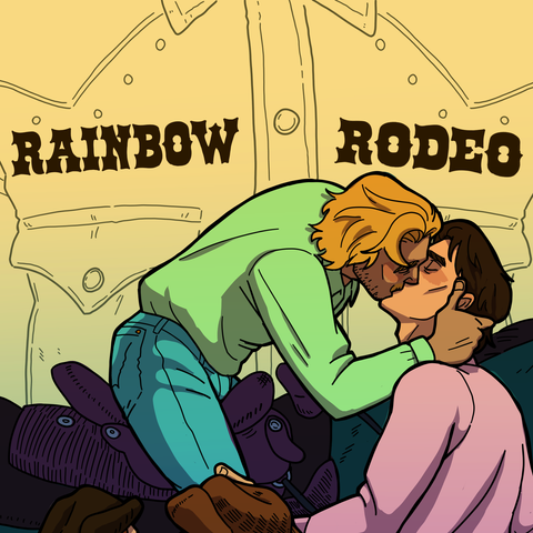 An illustration of a person with shoulder-length blonde hair and a beard leaning over to kiss a person with dark hair. THey are both wearing western shirts. In the background is a yellow pearl-snap shirt with the text "Rainbow Rodeo" in black across the chest.