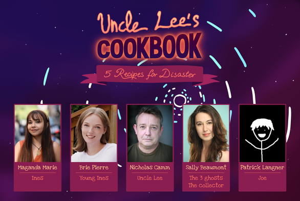 Pictures of the cast for "Uncle Lee's Cookbook". From left to right:
- Maganda Marie (Ines)
- Brie Pierre (young Ines)
- Nicholas Camm (uncle Lee)
- Sally Beaumont (the 3 ghosts, the collector)
- Patrick Langner (Joe)