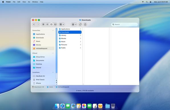 A mockup of a macOS desktop. In the middle is a Finder window with glassy chrome including a title bar, toolbar, path bar, and status bar. Button controls are raised and the search field is inset. The content area features a frosty glass sidebar on the left and a solid white browser in column view. At the top of the screen is a frosted glass menu bar. At the bottom, icons sit atop a 3D liquid glass dock.