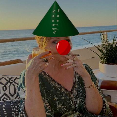 A woman in an shitty green outfit, wearing a dunce hat and red clown nose, sits on a boat with a drink at sunset, appearing humorous.