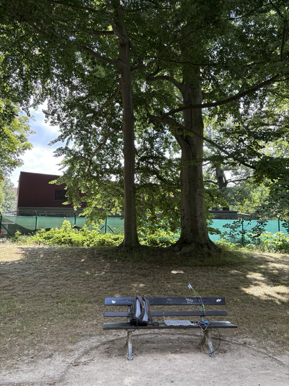 A bench standing in a park with a backpack on and a wire antenna attached to it. Two large trees and a building are in the background.