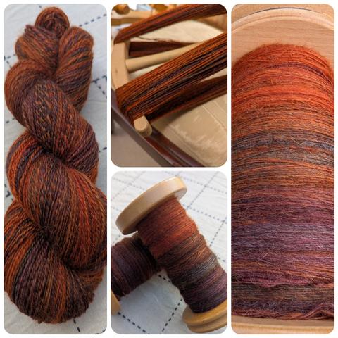 A photo collage of the production of a skein of handspun yarn from fibre to plied yarn. The fibre is a copper-beech colour and is a mix of BFL and mohair.