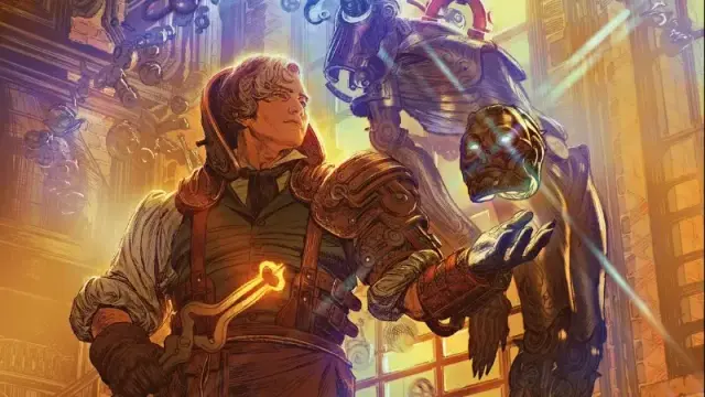Official art for the D&D book "Eberron: Forge of the Artificer," featuring a human male artificer working on a warforged in his workshop.
