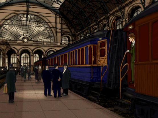 Screenshot of the game The Last Express. Shows a man peering from the carriage of a train, in the early 20th century.