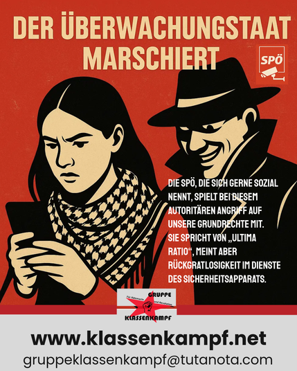 Eine junge Frau mit Kufiya schaut auf ihr Mobiltelefon, hinter ihr steht ein Schlapphut und schaut ihr grinsend über die Schulter.