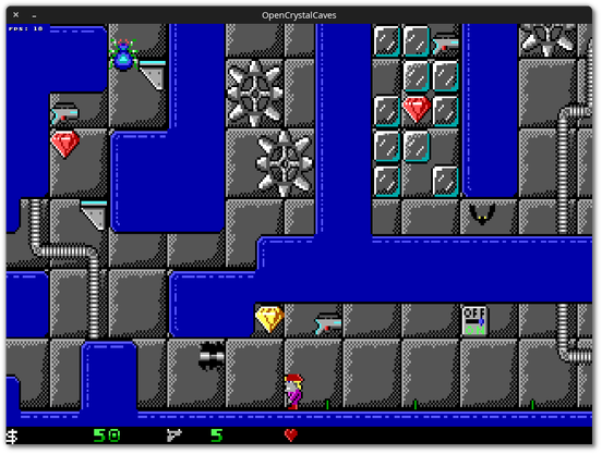 🕶️ A view of its UI (v. 0.4.0, on my Linux PC) at the start of episode 1 (delivered with the engine, take the elevator, go down to the level just before the ground floor, under construction but playable), where the player has landed on the planet Altair and finds himself in subterrains surrounded by water, with a spider (top left), a bat (right) and lots of corridors and platforms to climb, traps to avoid, weapons (ammunition) to defend himself and jewels to collect.

📚️ OpenCrystalCaves (OCC) is an unofficial, libre, multi-platform re-implementation of the Crystal Caves trilogy (published in 1991, by Apogee Software, with the 1st as shareware), a series of side-scrolling platform games mixing shooter, puzzles (traps to be foiled), and crystal collecting on a science-fiction theme, in which the player is Mylo Steamwitz, a space trader unlucky in his business attempts, but undeterred. 
OpenCrystalCaves is a fully playable (3 levels, since version 0.4.0, even if some features are still missing - such as saving, objects & enemies, etc.) and compatible engine. It is delivered with the 1st episode (shareware).