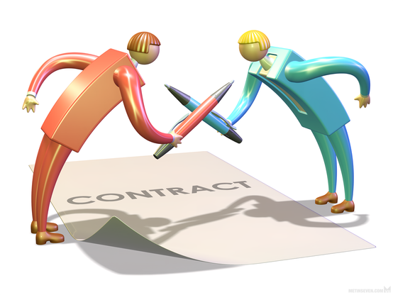 3D illustration, showing two stylized figures in suits, dueling with large pens above a large contract.