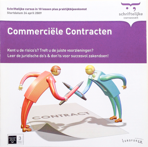 Course book cover, featuring a 3D illustration that shows two stylized figures in suits, dueling with large pens above a large contract.