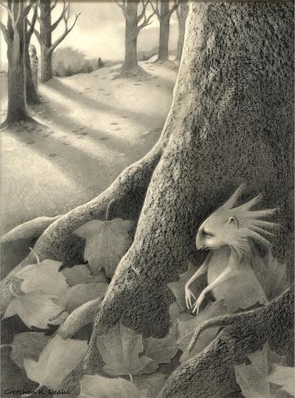 Almost hidden within a pile of maple leaves and tucked into the roots of a tree, stands a solitary, spiky haired creature of unknown origin. Arms outstretched, with a slight scowl on its face, it appears to be thinking of something important -  perhaps what it would like to eat for lunch. Far back, lurking behind a tree, a young girl is watching. Drawn in black, white and gray graphite/pencil.