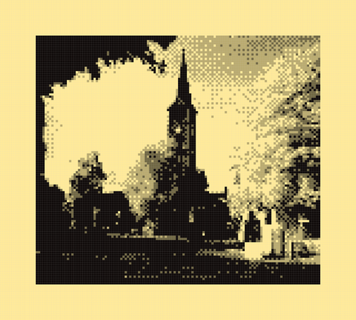 Photo of a German church tower, seen from afar, with trees and buildings around, highly pixelated