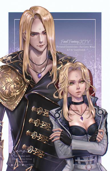 full rendered commission character art couple of a hyur female, wol OC from FFXIV final fantasy XIV character, standing with the male character, he is the official character Zenos yae Galvus he is smailing looking at her, while female character has beautiful frey outfit, she has long blonde hair, making annoying face to him

art by snowfredel owner Ceres Witae
#snowfredelart