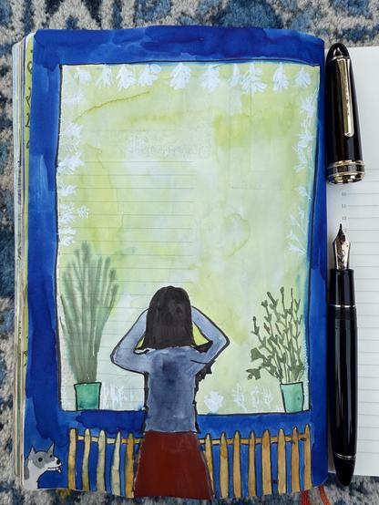 Sketch in sketchbook of me taking pictures in front of a frosted window looking out.