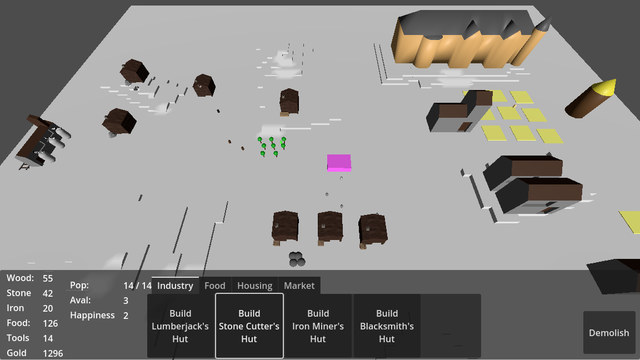 Game Scene made in Godot.
Light base, scattered with brown buildings, and yellow fields.
A purple ("No Texture Found") stockpile in the center.