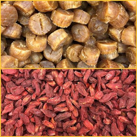 A photo divided horizontally showing dried scallops on top and dried red goji berries on the bottom. The scallops are tan and cube-shaped, while the goji berries are red and elongated. Both are closely packed.