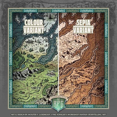 Image showing the full colour versions of the map side by side.

This illustration was designed and drawn by yours truly, the PDF 3 different versions of the map: cryptic, legible & blank To top it up, you will also find hex grid and sepia variants for each version of the map.