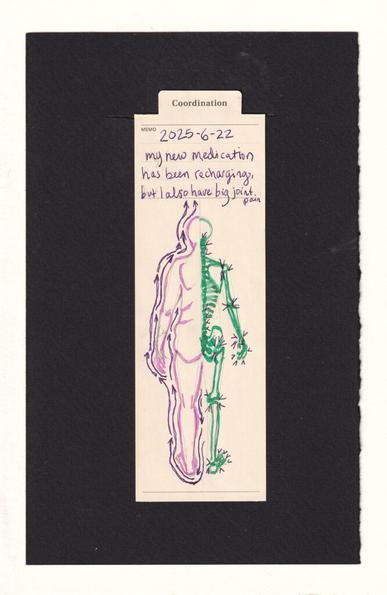 The figure on the manila bookmark is split down the middle in two sections. The left side, showing the back of a human with back rolls. long, wavy, small arrows wrap them, running upward, along the sides of their arm and body, and continuing off the head. On the right half is the figure's skeleton, drawn in green. small arrow heads are seen pinching in on their joints